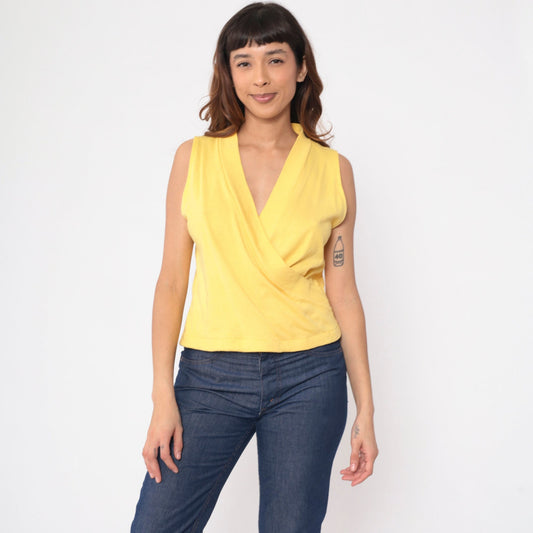 80s Yellow Surplice Tank Top Sleeveless Wrap Neckline Medium