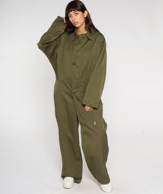 90s Army Olive Green Jumpsuit Military Coveralls Long Sleeve Men's Medium