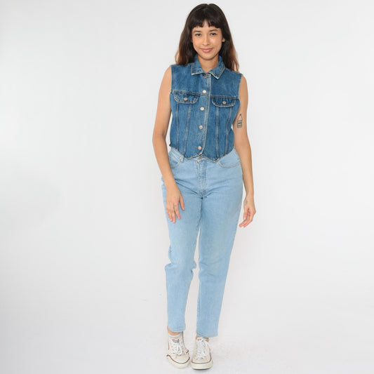 90s Blue Denim Cropped Vest Sleeveless Button-Up Jean Top Medium