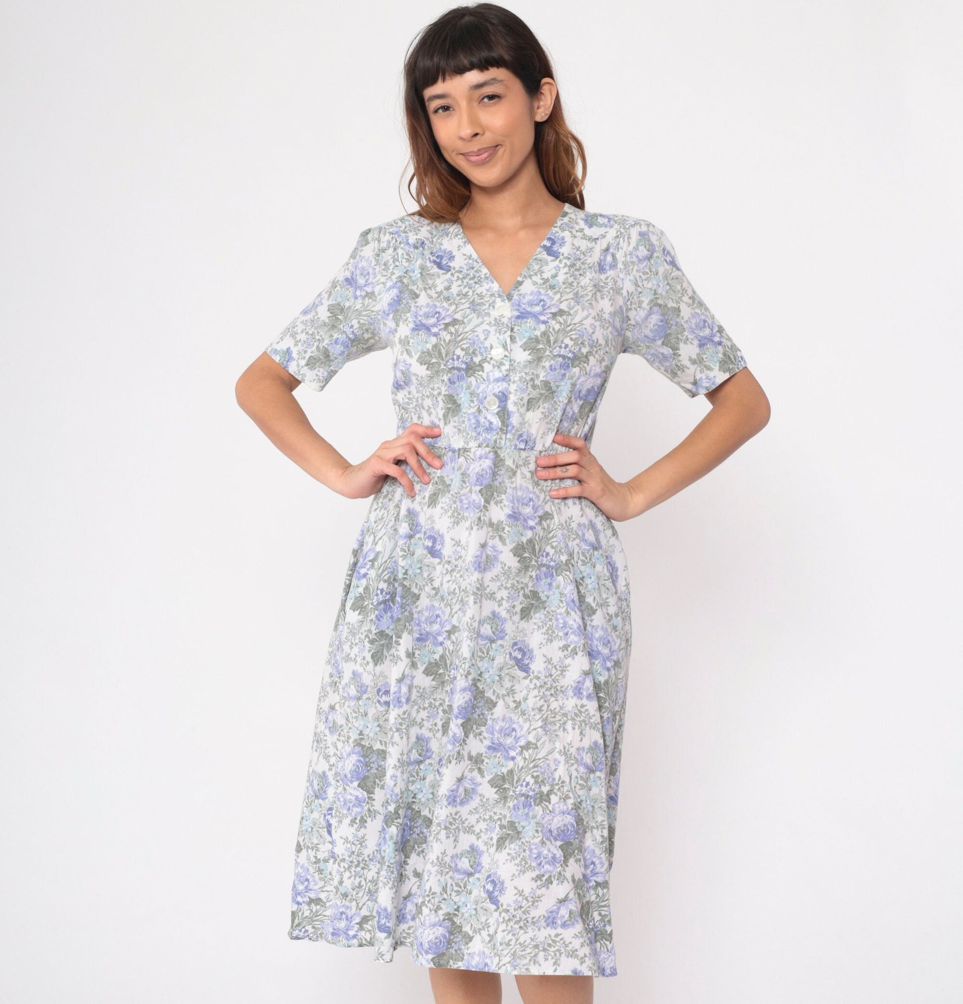 80s Stuart Alan Petites Floral Midi Dress Lavender Button-Up V-Neck Small