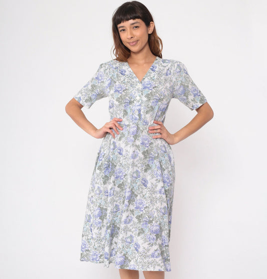80s Stuart Alan Petites Floral Midi Dress Lavender Button-Up V-Neck Small