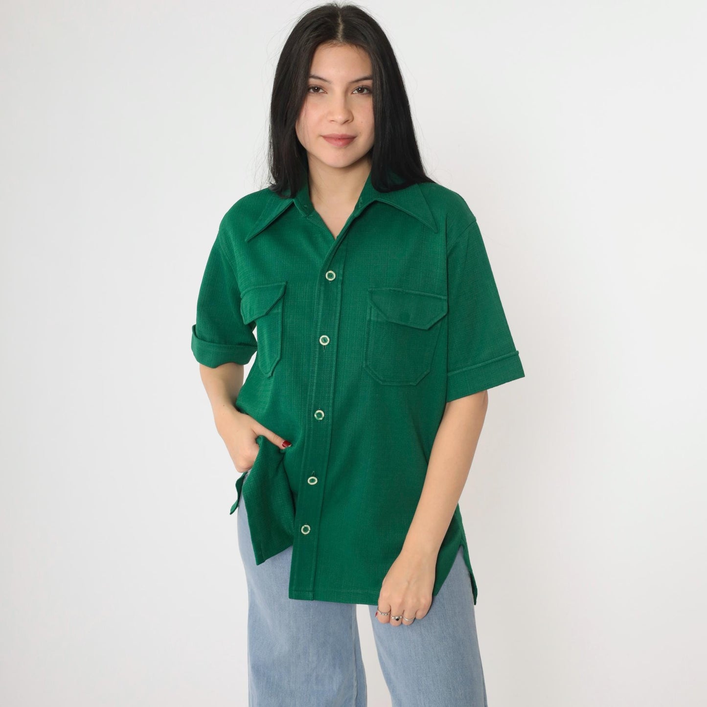 70s Green Button-Up Shirt Dagger Collar Short Sleeve Men's Medium