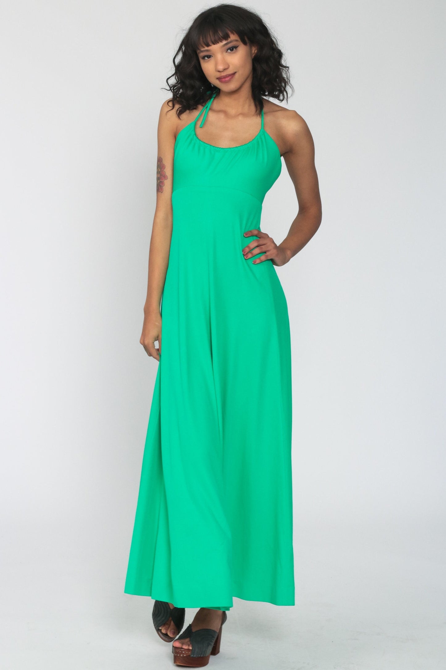 70s Bright Green Halter Jumpsuit Wide Leg High Waist Extra Small