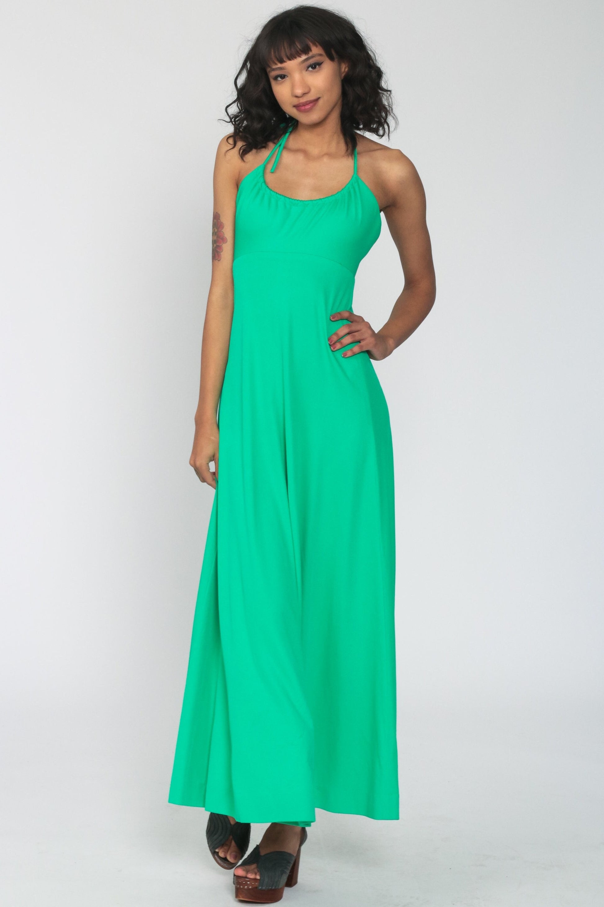 70s Bright Green Halter Jumpsuit Wide Leg High Waist Extra Small