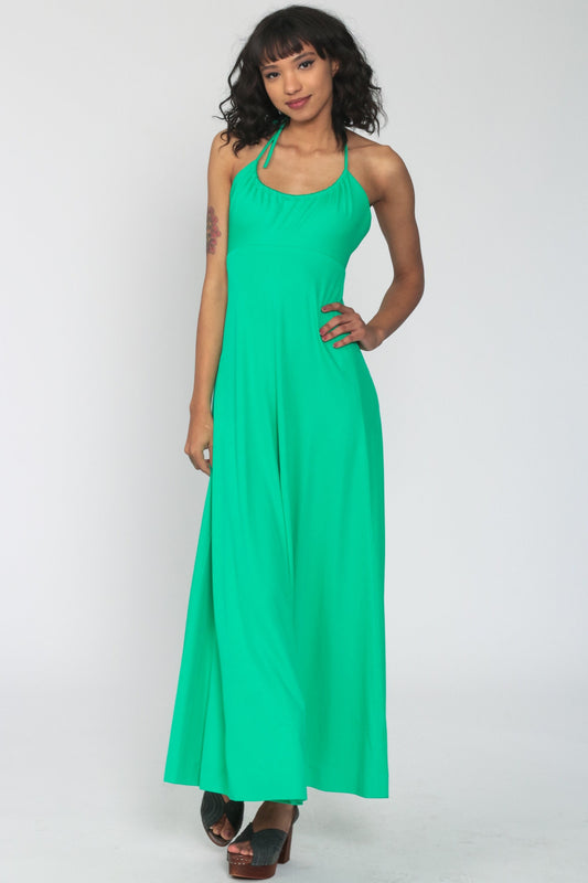 70s Bright Green Halter Jumpsuit Wide Leg High Waist Extra Small