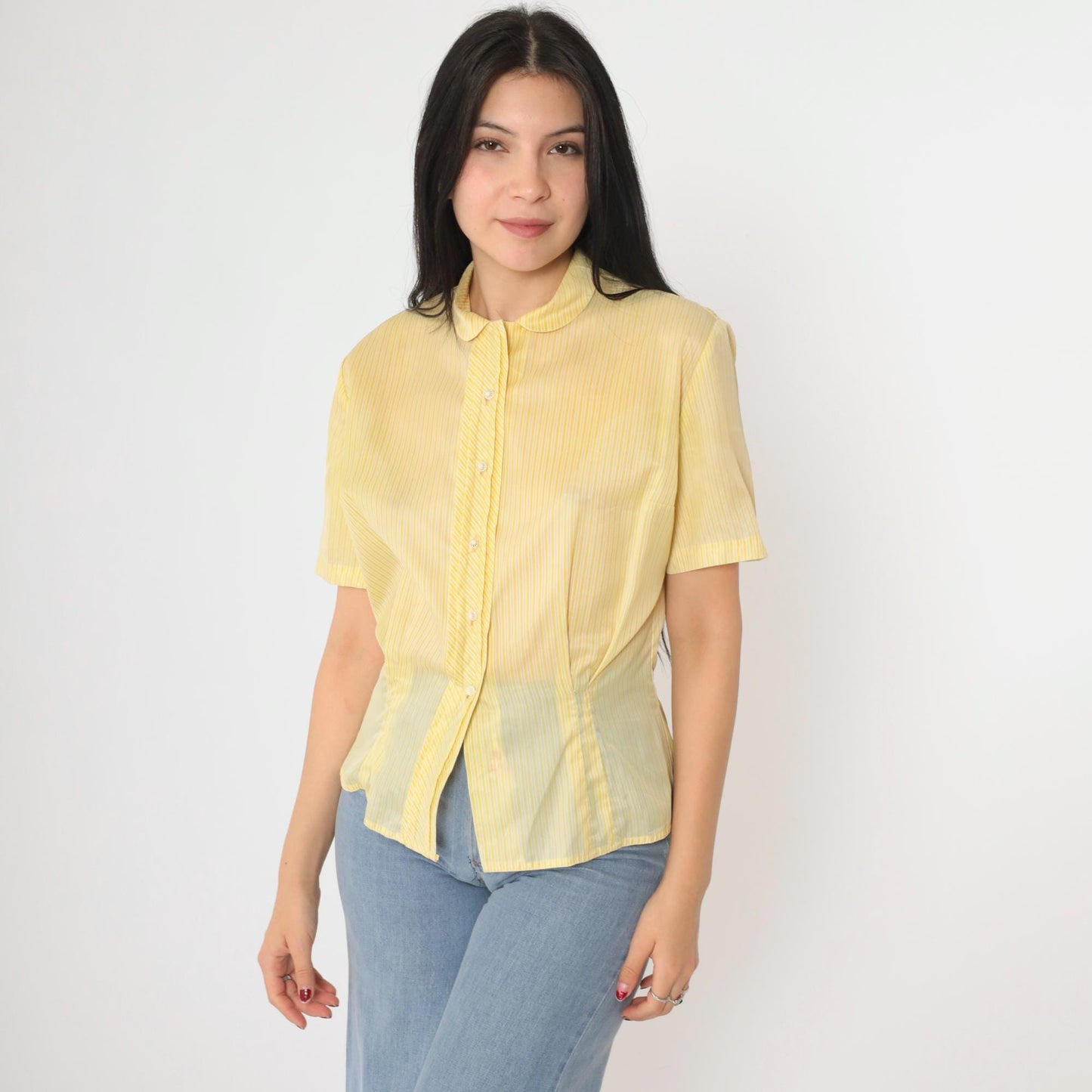 60s Dorothy Korly Sheer Striped Button-Up Blouse Yellow Peter Pan Collar Medium