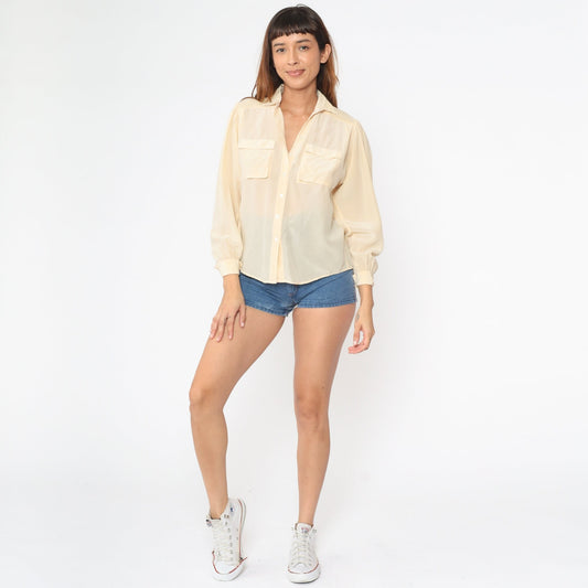 90s Liz Claiborne Cream Silk Button-Up Blouse Cargo Pockets Small
