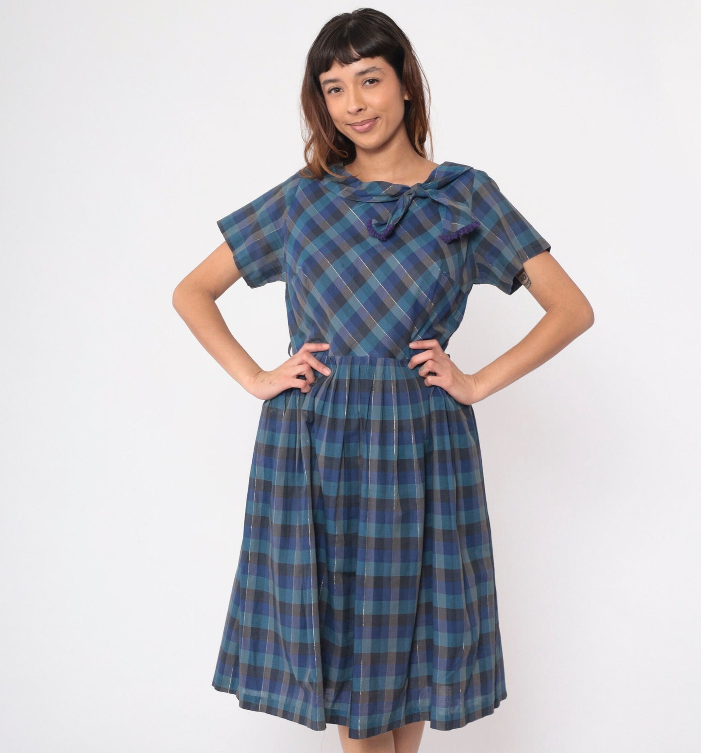 1950s Blue Checkered Metallic Bow Collar Day Dress Midi Short Sleeve Medium