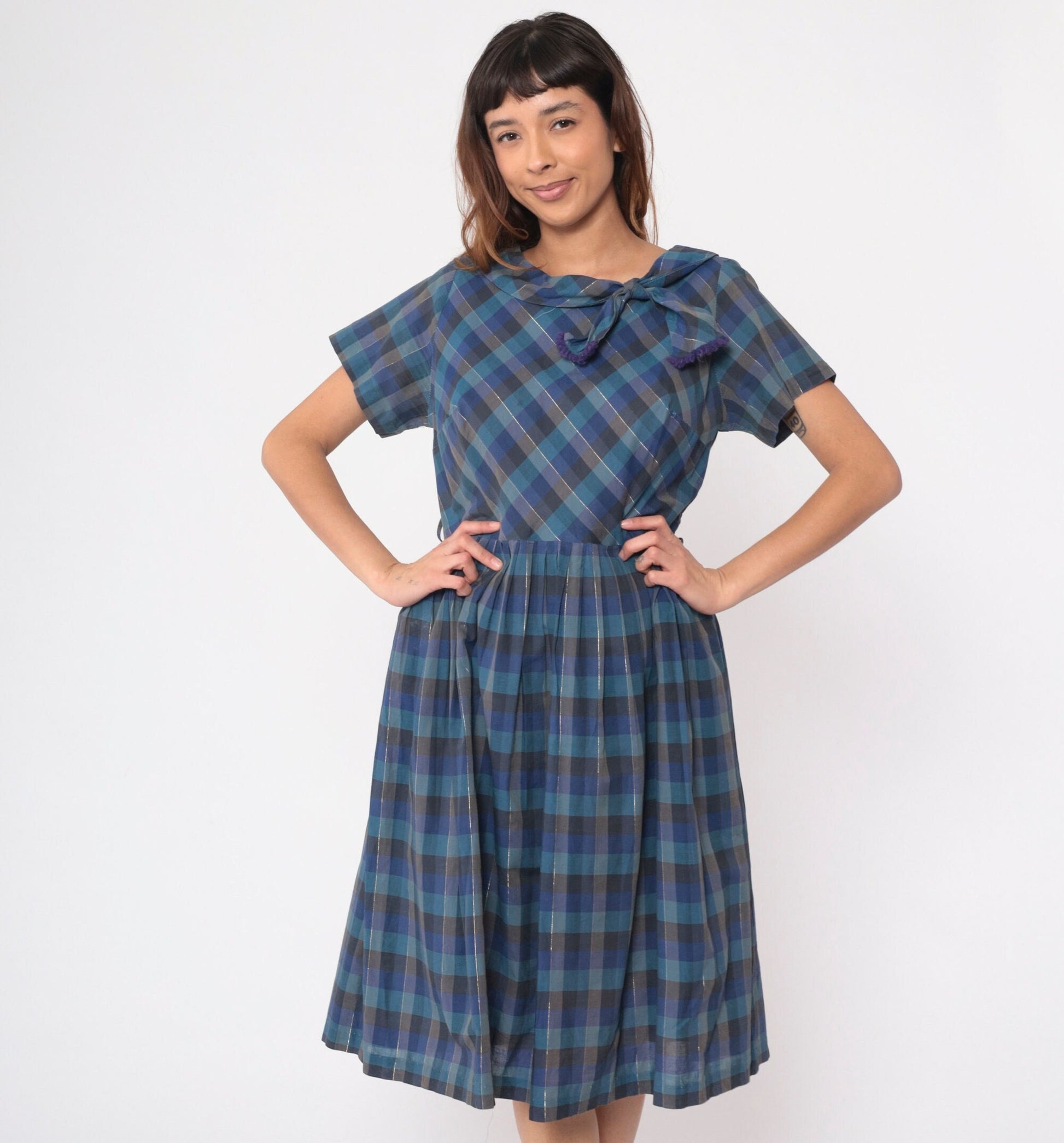 1950s Blue Checkered Metallic Bow Collar Day Dress Midi Short Sleeve Medium