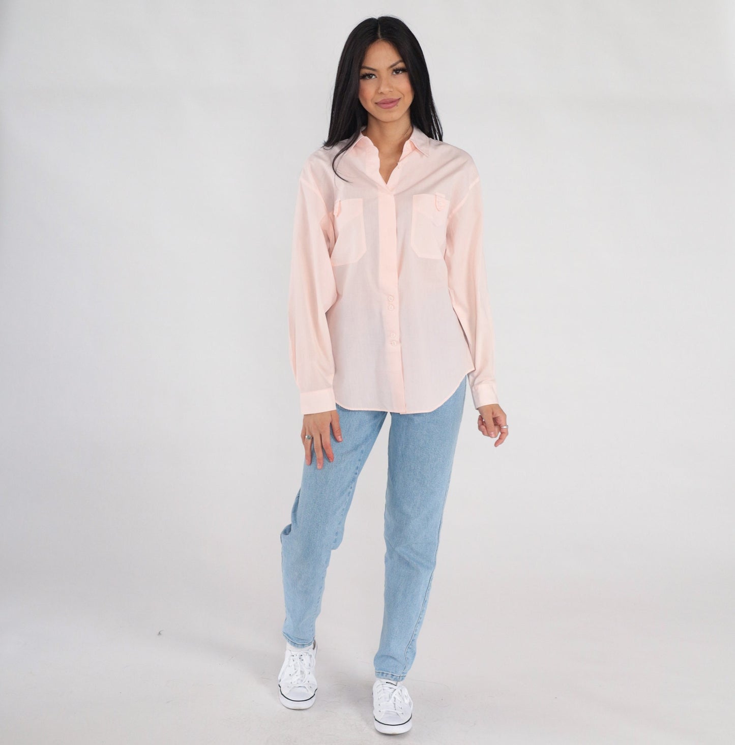 90s Baby Pink Semi-Sheer Button-Up Blouse Collared Long Sleeve Medium