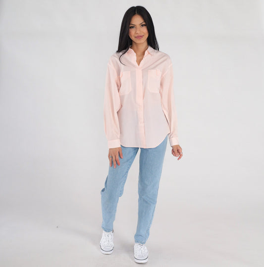 90s Baby Pink Semi-Sheer Button-Up Blouse Collared Long Sleeve Medium