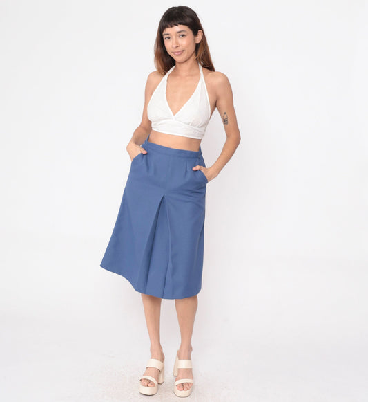 70s Dark Periwinkle Midi Skirt High Waisted Pleated A-Line Small