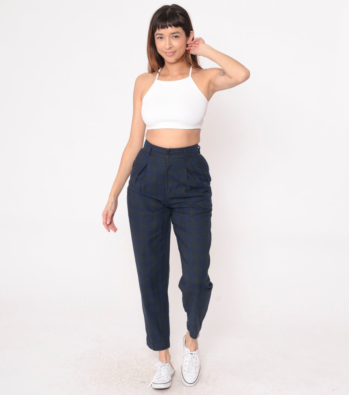 80s Palmettos Tapered Plaid Trousers Blue Charcoal High Waisted Pleated Extra Small
