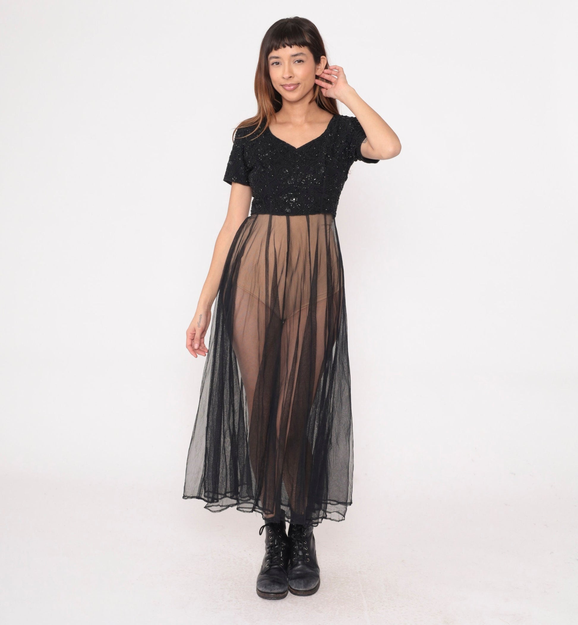 80s Black Beaded Chiffon Midi Dress Sequined Party Gown Short Sleeve Small