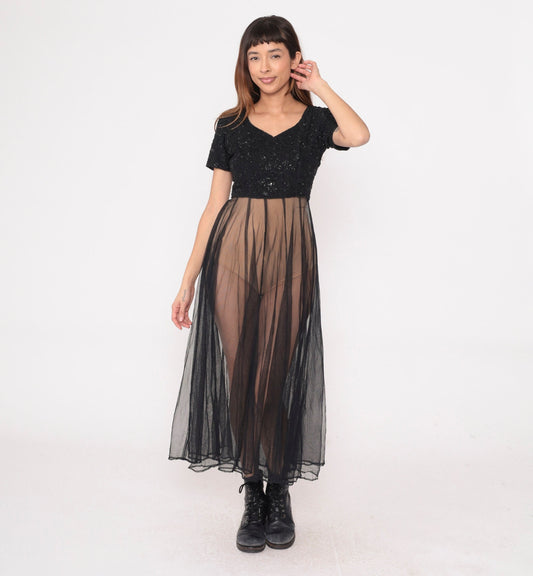 80s Black Beaded Chiffon Midi Dress Sequined Party Gown Short Sleeve Small