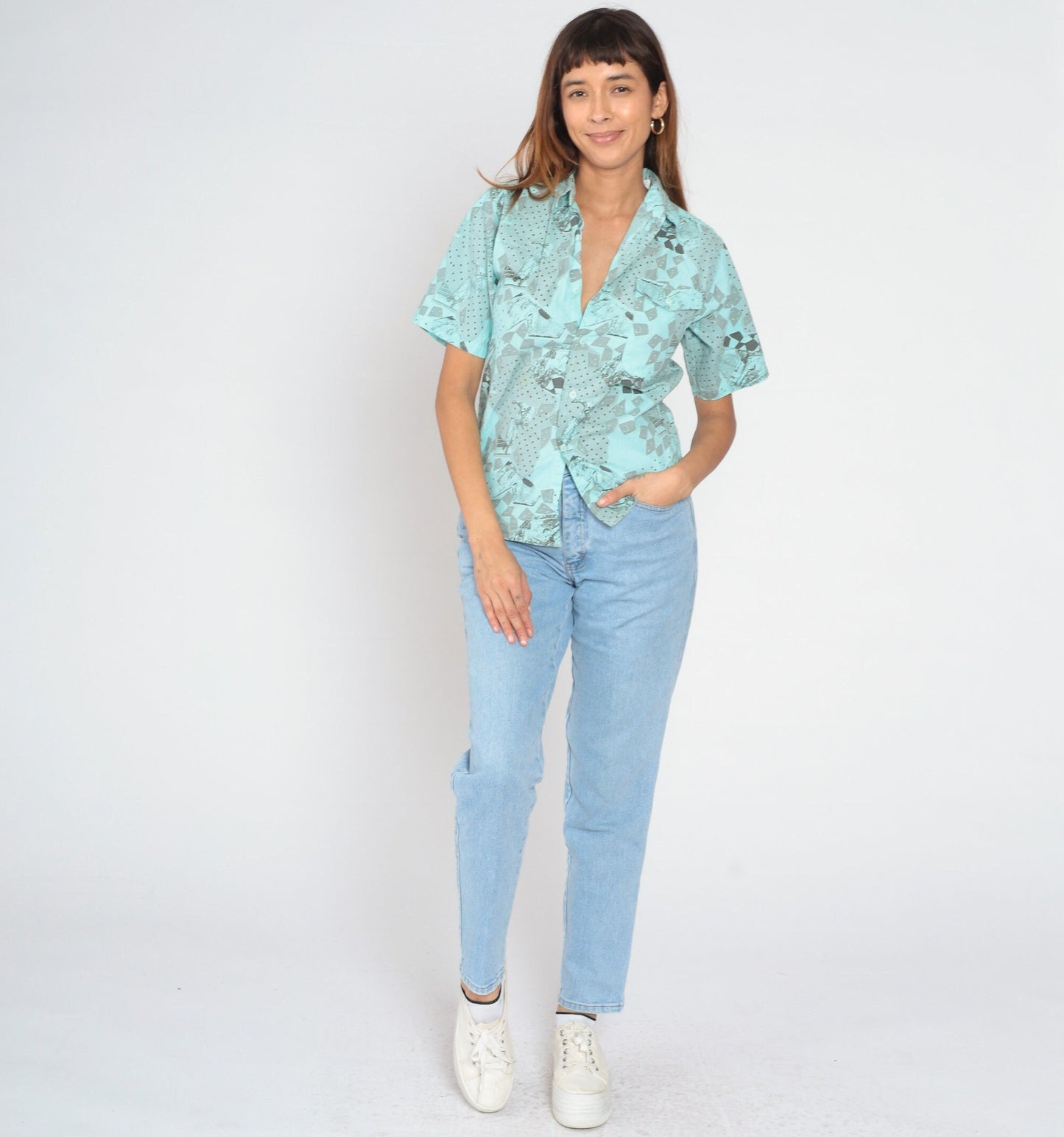 90s Permit Blue Button-Up Shirt Abstract Football Soccer Player Print Medium
