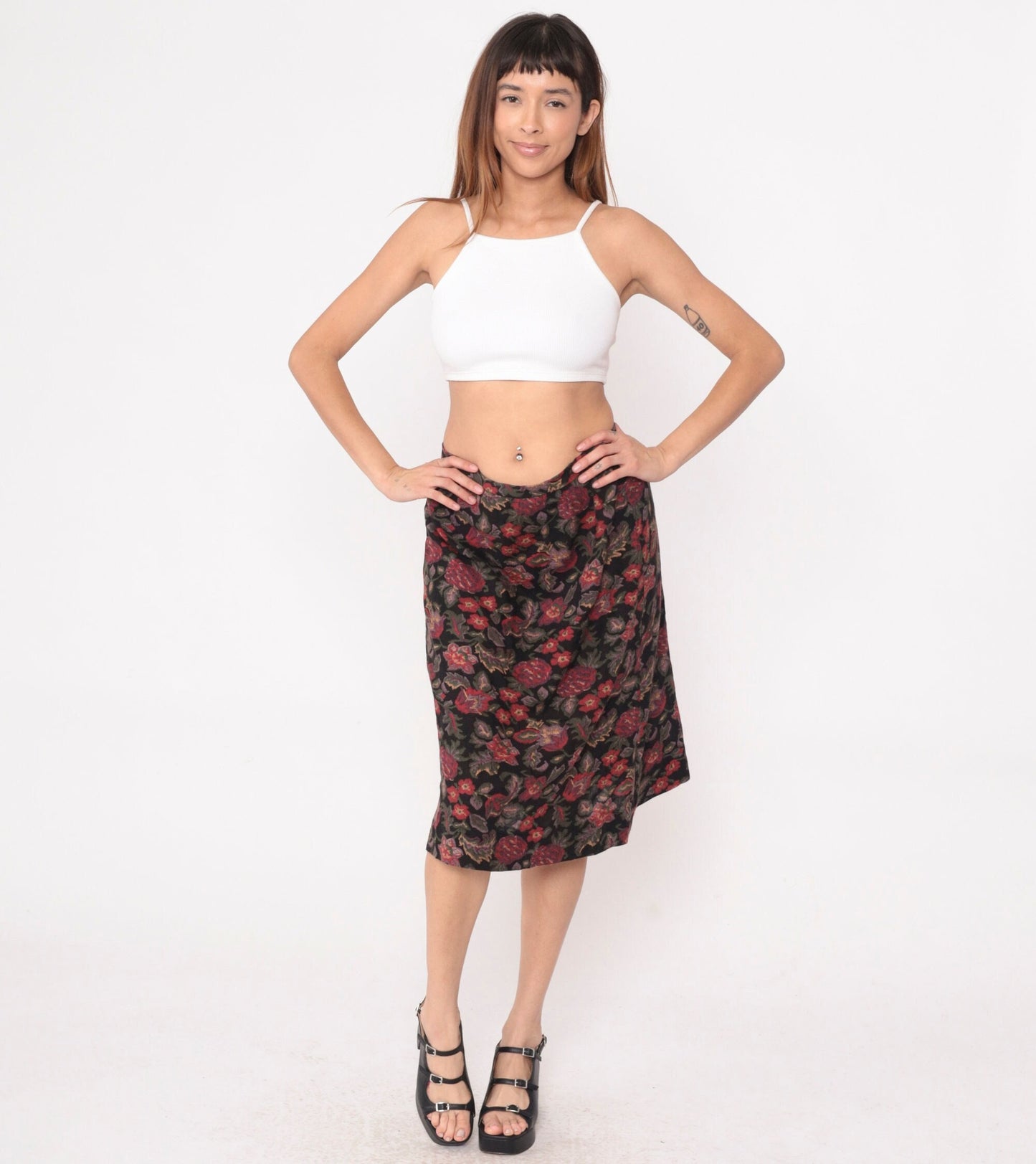 80s Floral Midi Skirt High Waisted Straight Pencil Black Red Green Small