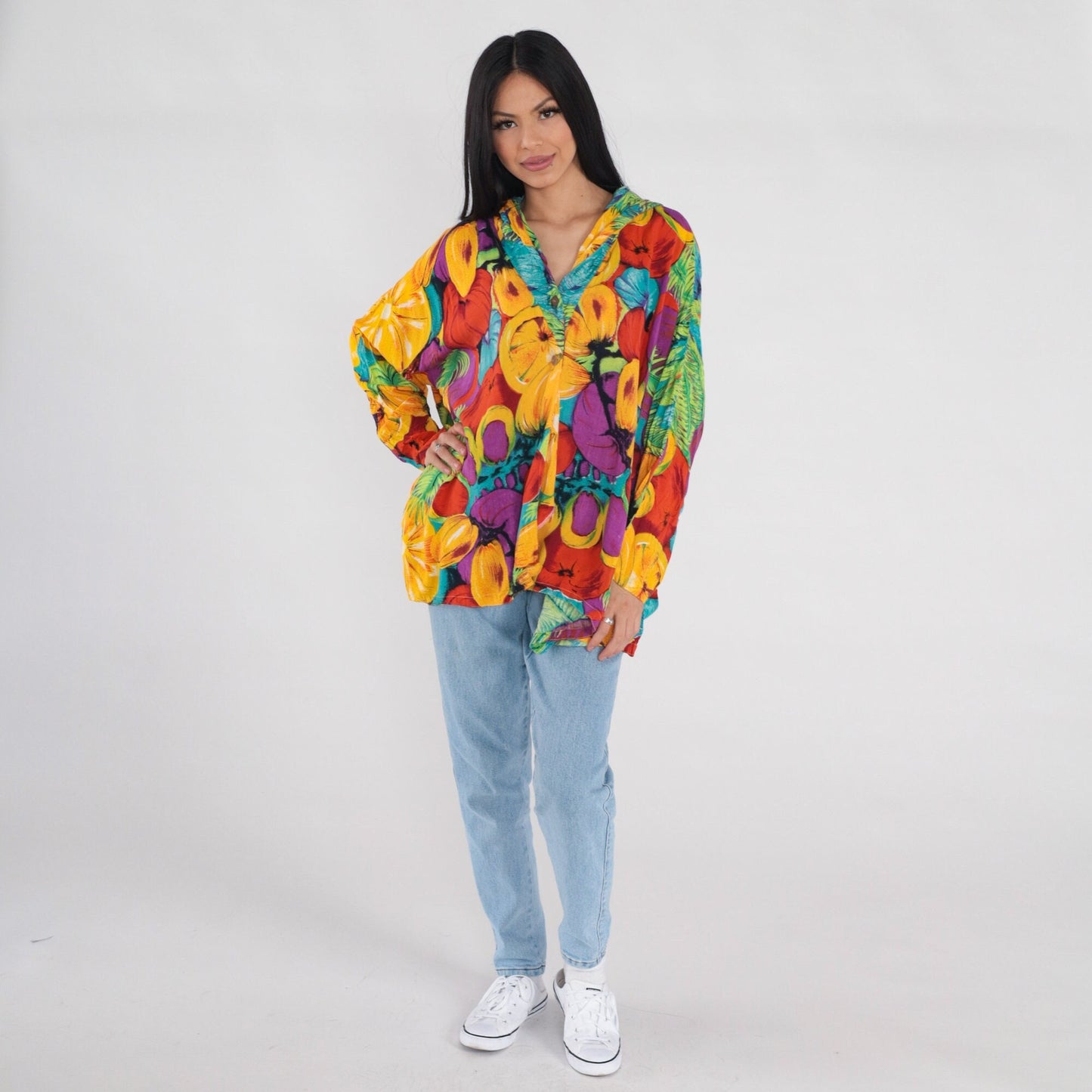 00s Fruit Print Hooded Blouse Colorful Long Sleeve High-Low Tunic One Size