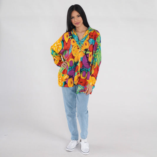 00s Fruit Print Hooded Blouse Colorful Long Sleeve High-Low Tunic One Size