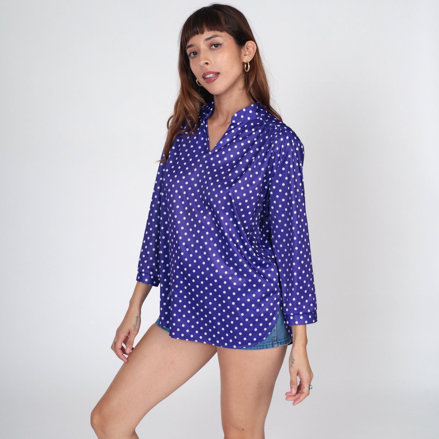 70s Purple Polka Dot Blouse Long Sleeve V Neck Collared Shirt Large 12