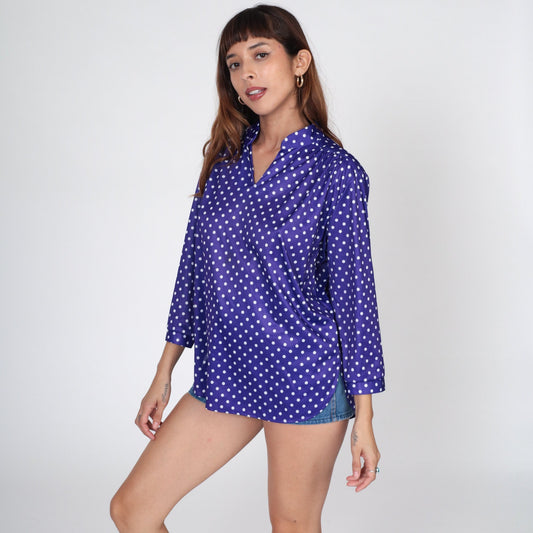 70s Purple Polka Dot Blouse Long Sleeve V Neck Collared Shirt Large 12