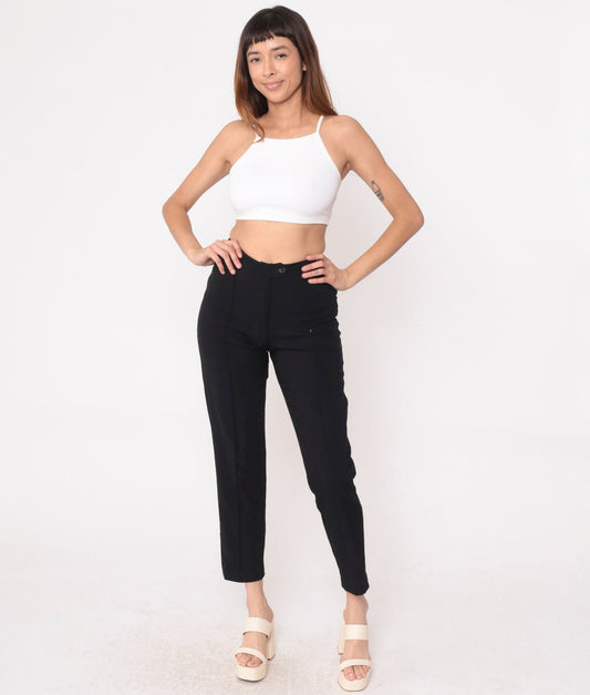 90s Black High-Waisted Tapered Trousers Crease Front Small 4