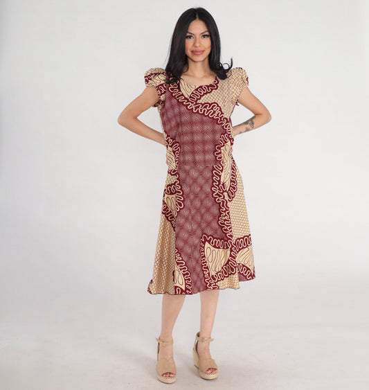 90s Ghanaian Midi Dress Puff Sleeve Tan Red Abstract Print Medium