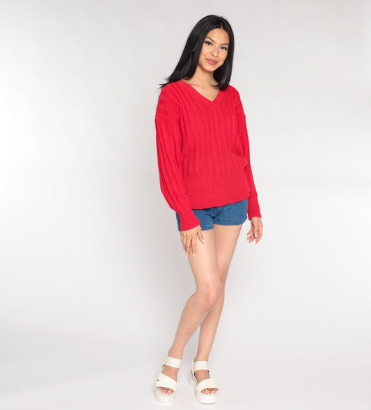 80s Red Acrylic Knit V-Neck Pullover Sweater Large