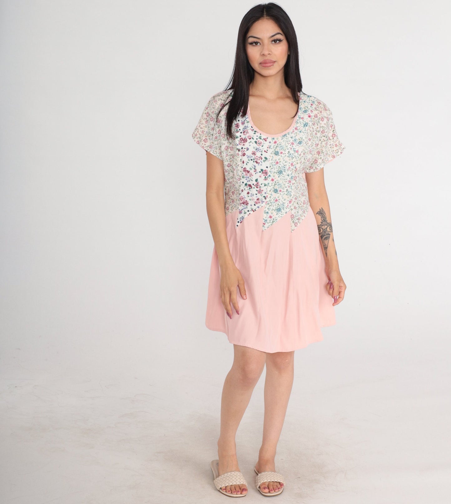 90s Floral Skater Mini Dress Pink White Graphic Short Sleeve Medium M