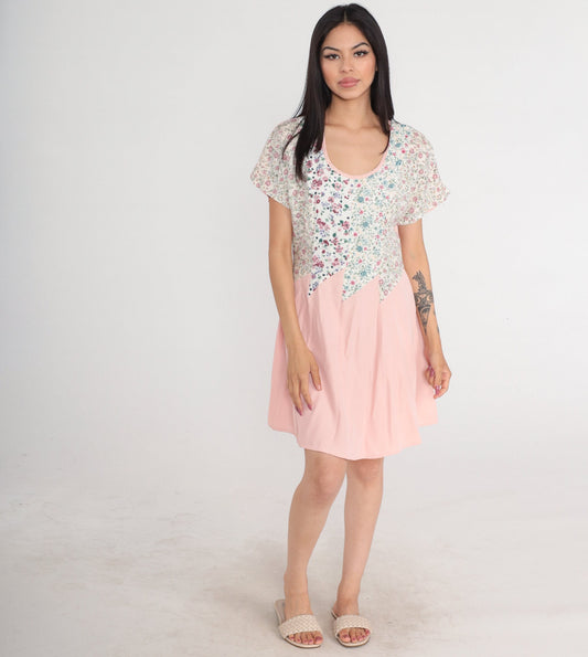 90s Floral Skater Mini Dress Pink White Graphic Short Sleeve Medium M