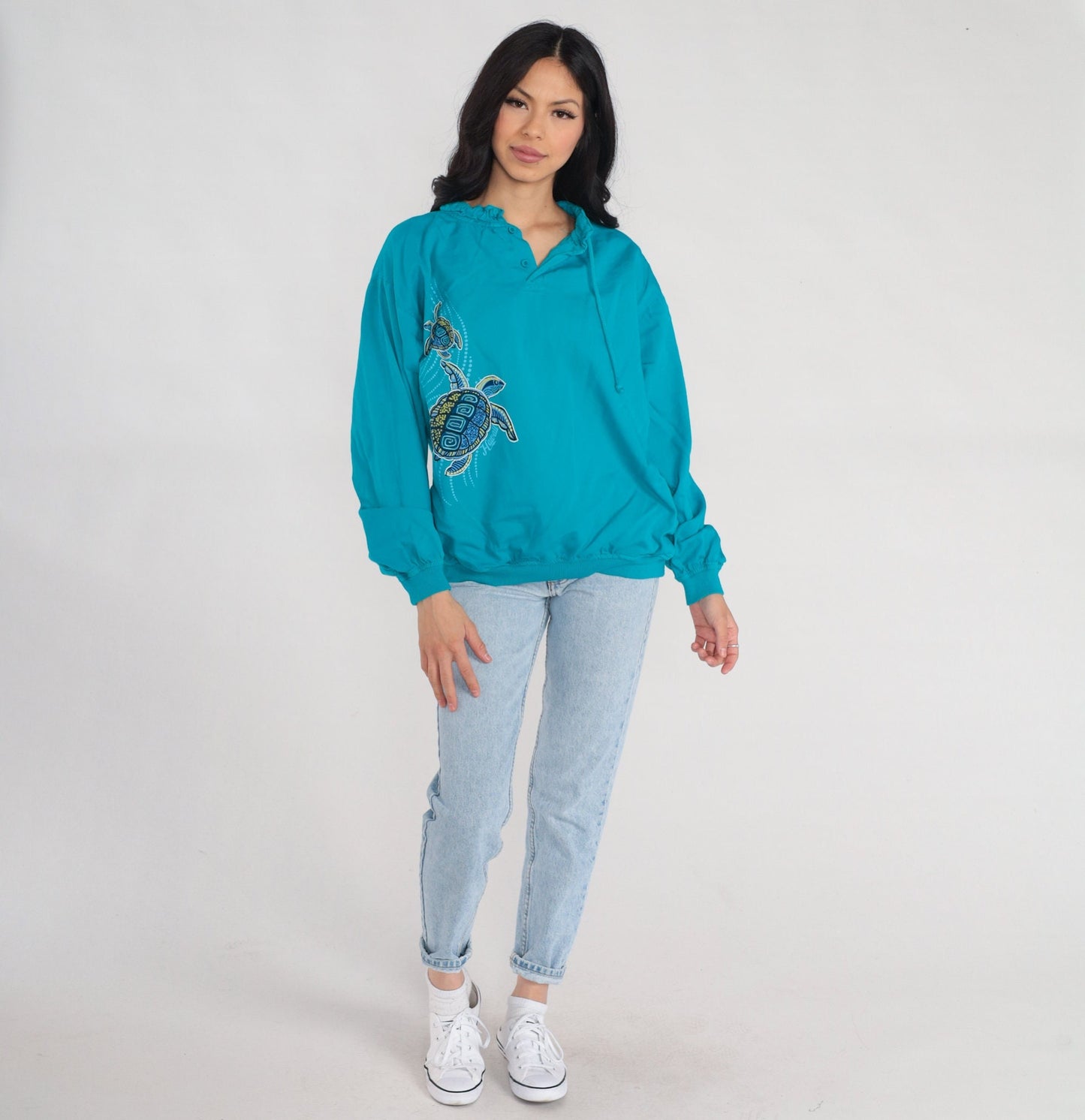 00s Crazy Shirts Turtle Print Long Sleeve Drawstring Neckline Turquoise Cotton Small S