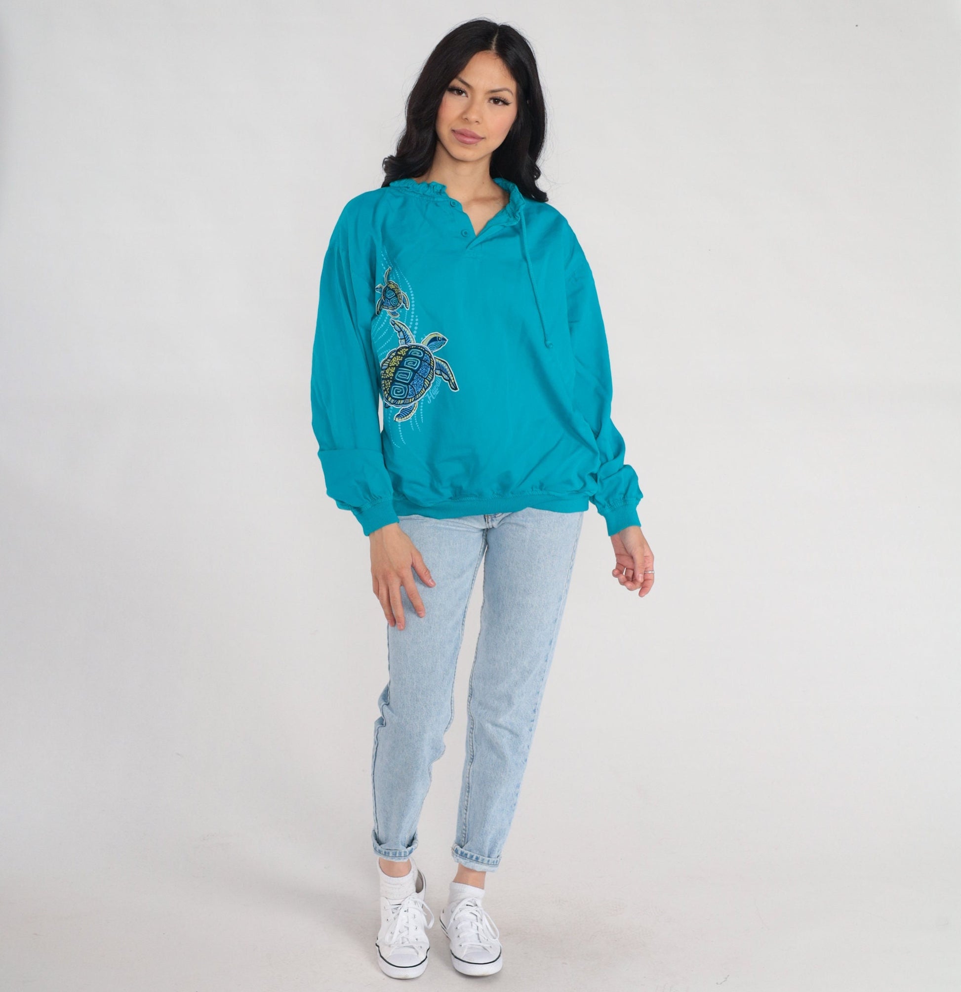 00s Crazy Shirts Turtle Print Long Sleeve Drawstring Neckline Turquoise Cotton Small S