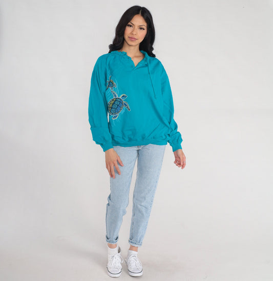 00s Crazy Shirts Turtle Print Long Sleeve Drawstring Neckline Turquoise Cotton Small S