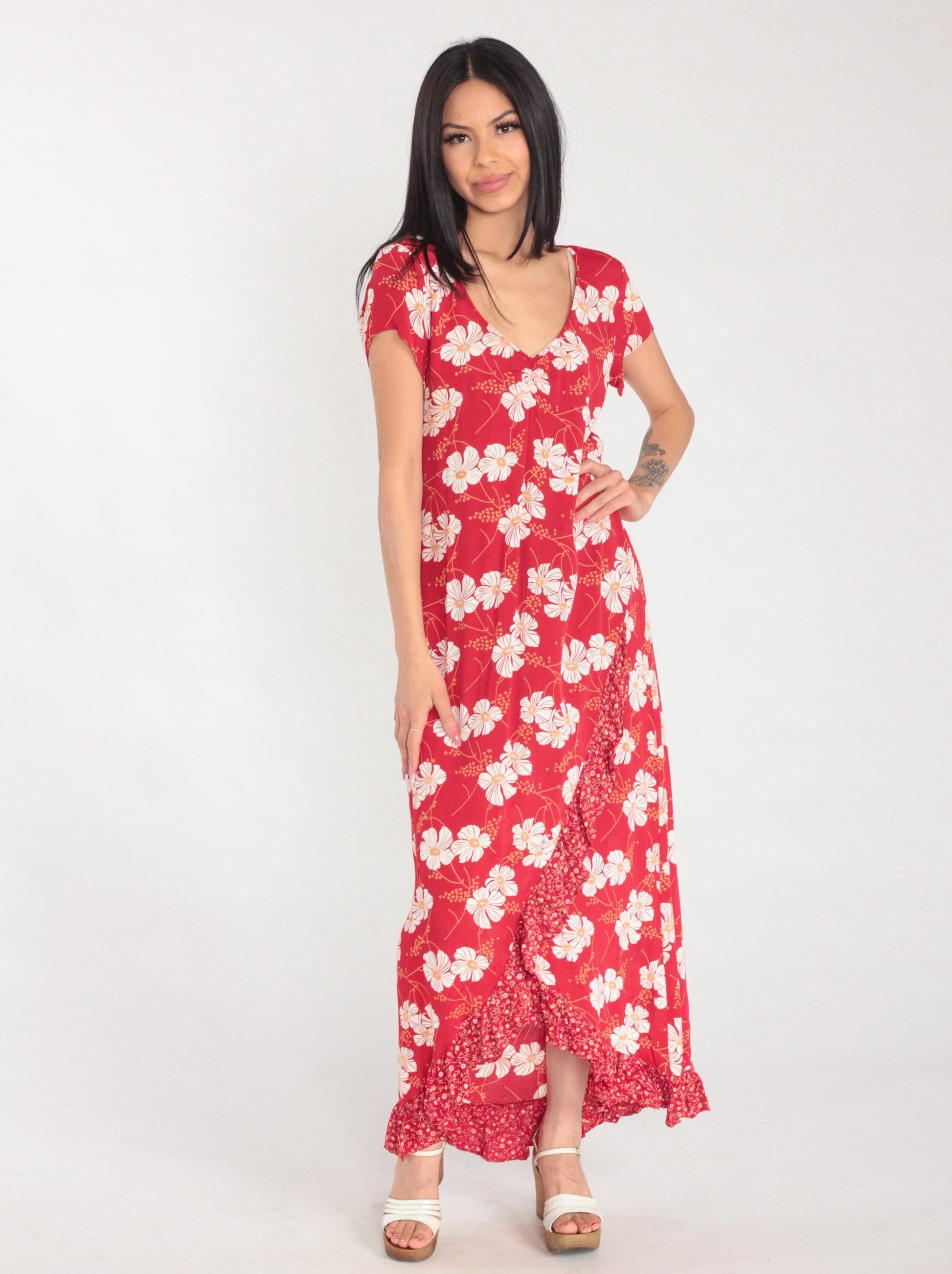 90s Red Floral Maxi Dress White Poppy Print Ruffled V-Neck Short Sleeve Small