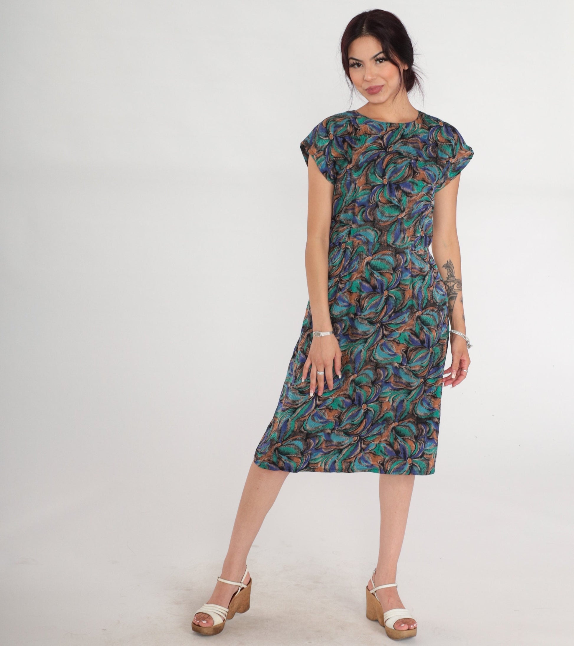80s Silk Floral Midi Dress Cap Sleeve High Waist Abstract Print Small