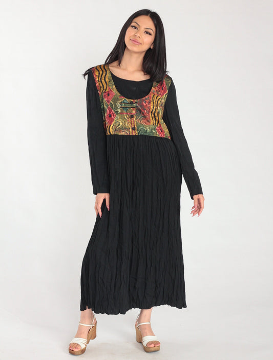 90s Black Maxi Dress with Abstract Print Attached Vest Long Sleeve Large