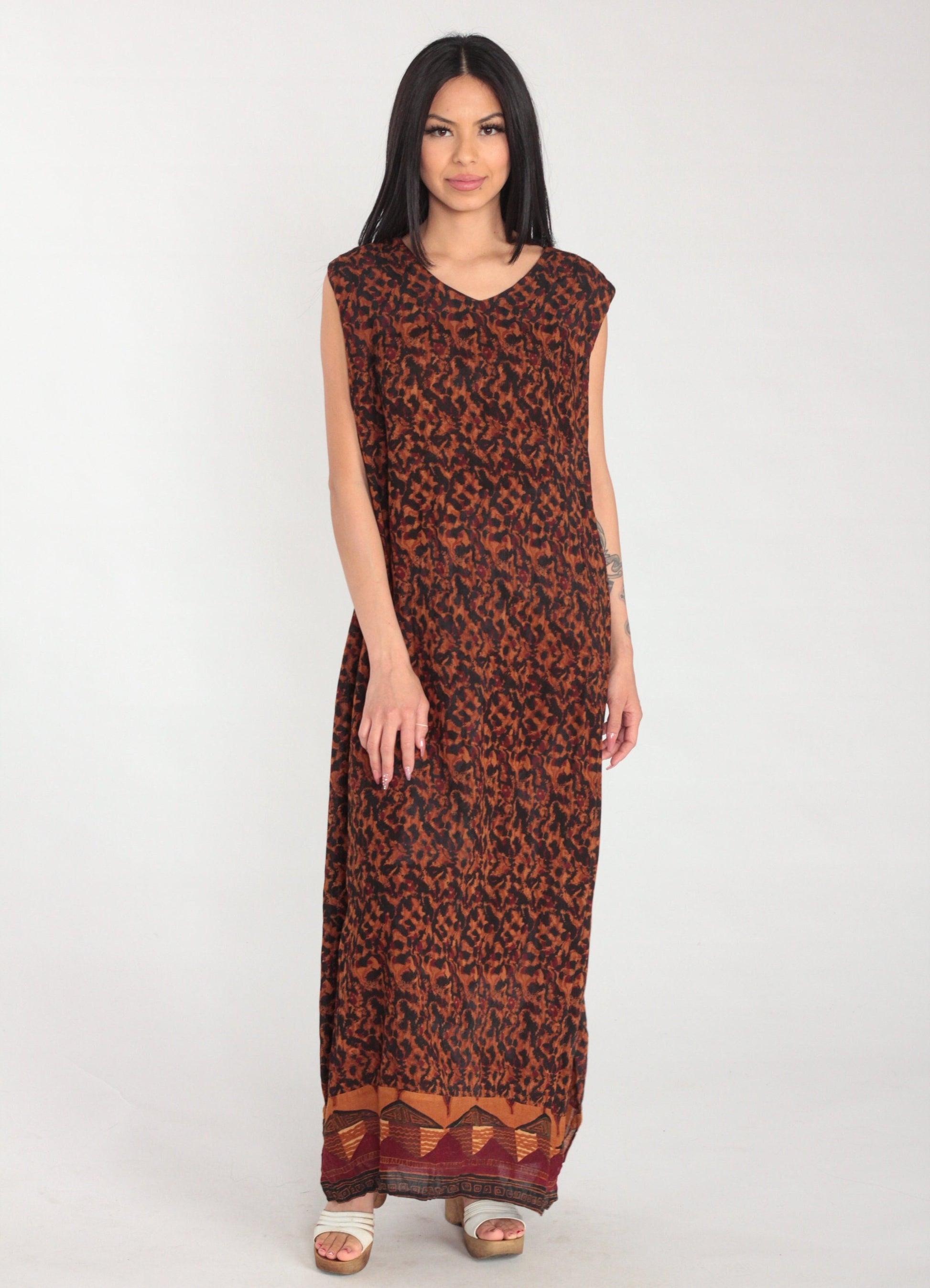 90s Karin Stevens Maxi Dress Sleeveless Orange Black Abstract Animal Print Large