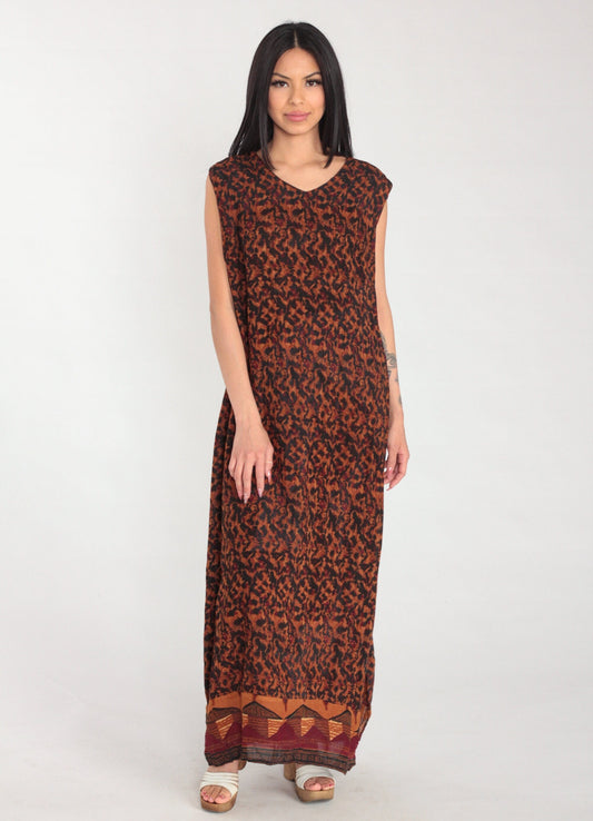 90s Karin Stevens Maxi Dress Sleeveless Orange Black Abstract Animal Print Large