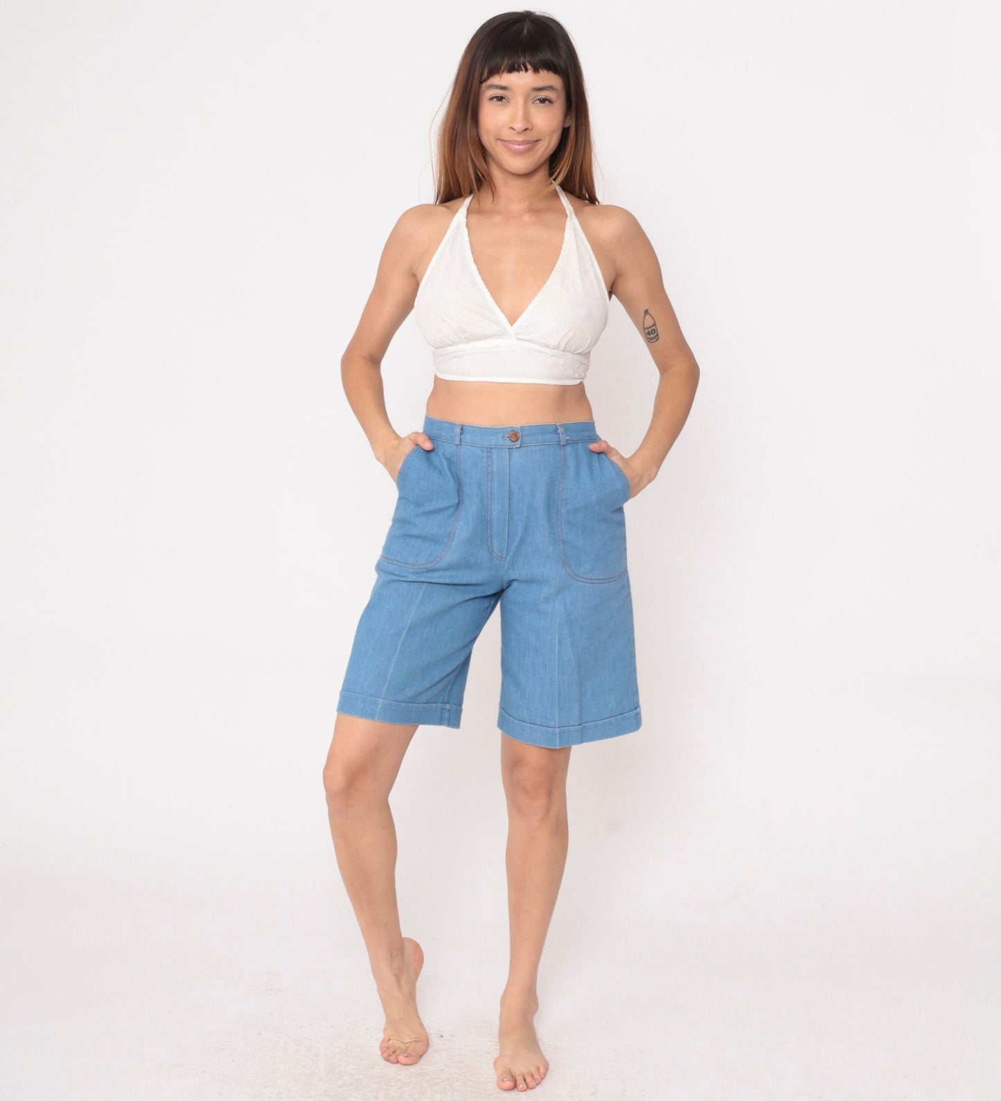 80s Tanjay Blue Denim Bermuda Shorts High Waist Cuffed Small