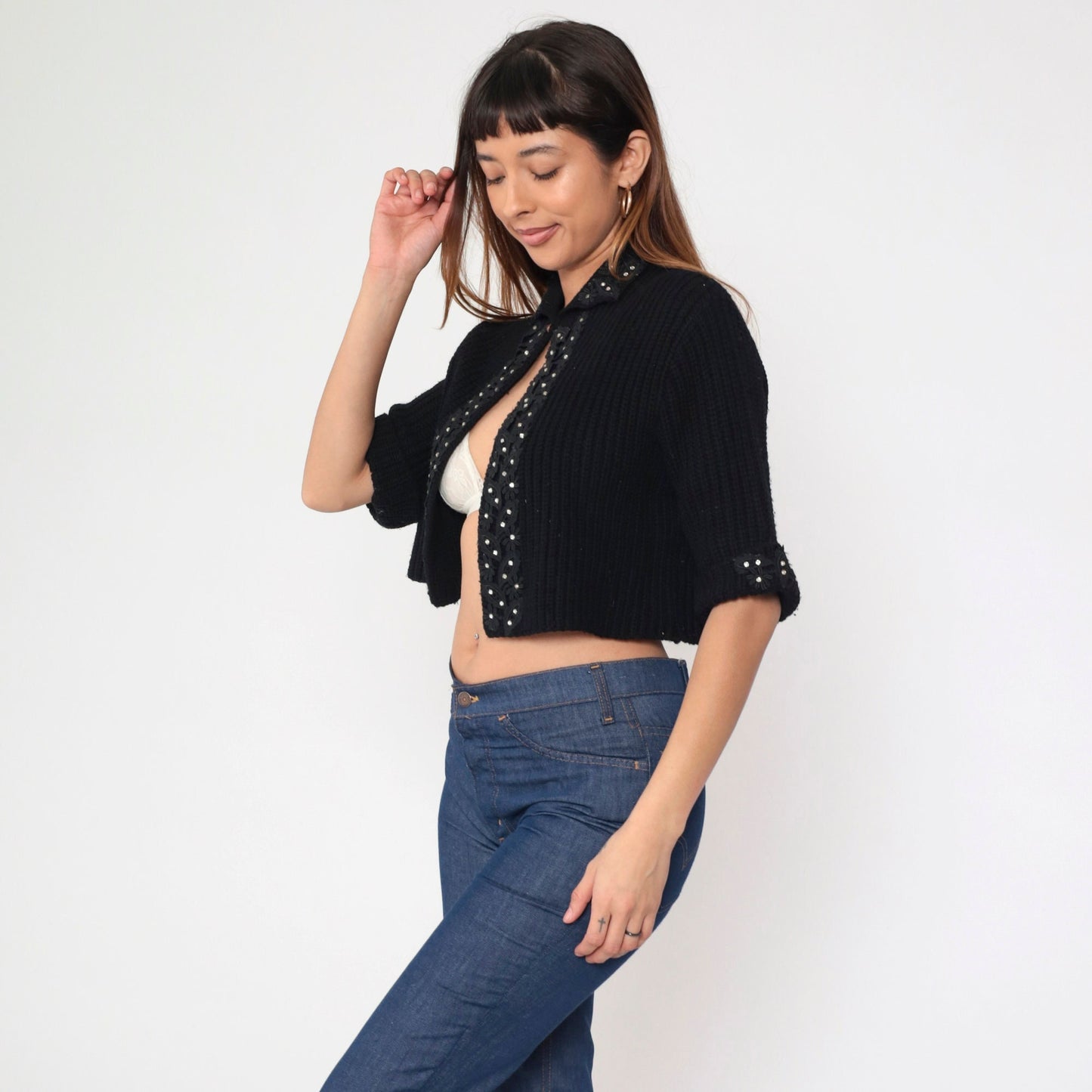 60s Black Rhinestone Lace Cardigan Cropped Ribbed Knit Short Sleeve Medium
