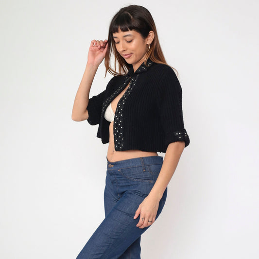 60s Black Rhinestone Lace Cardigan Cropped Ribbed Knit Short Sleeve Medium