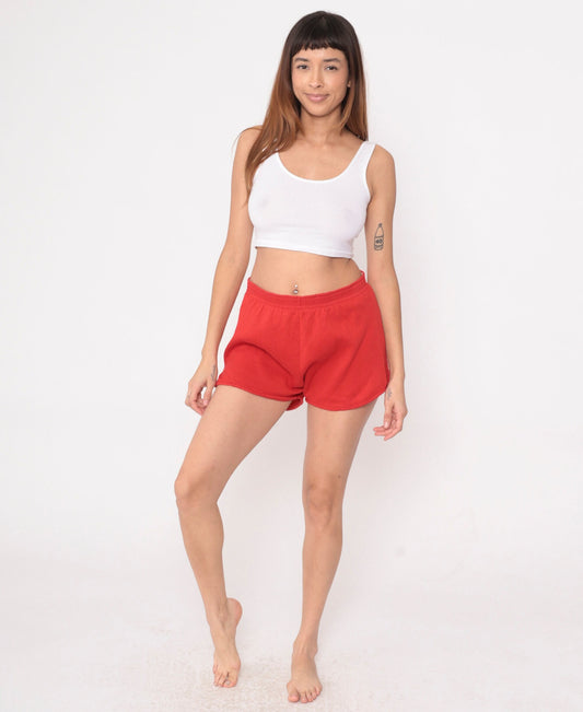 80s Red Gym Shorts High Waist Elastic Athletic Shorts Medium