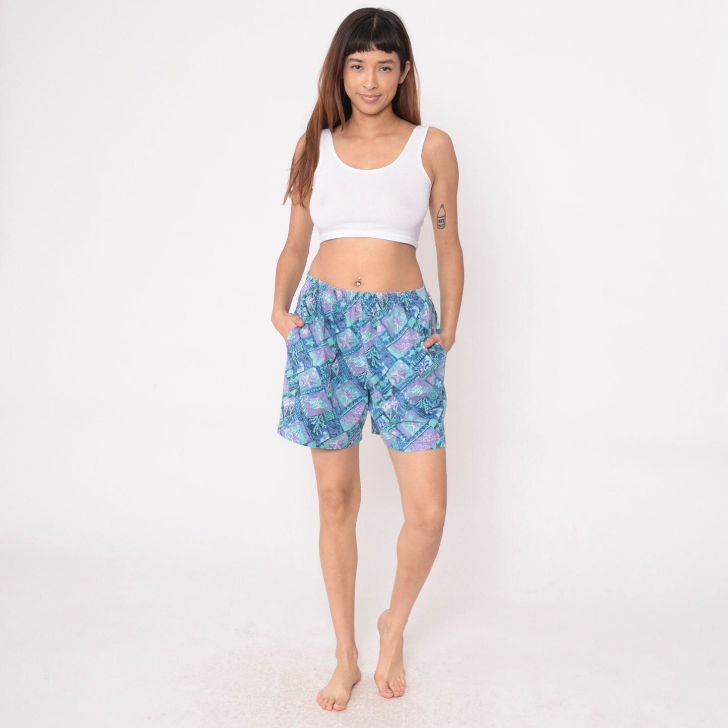 90s Tropical Fish Starfish Geometric Shorts High Waist Cotton Blue Purple Medium