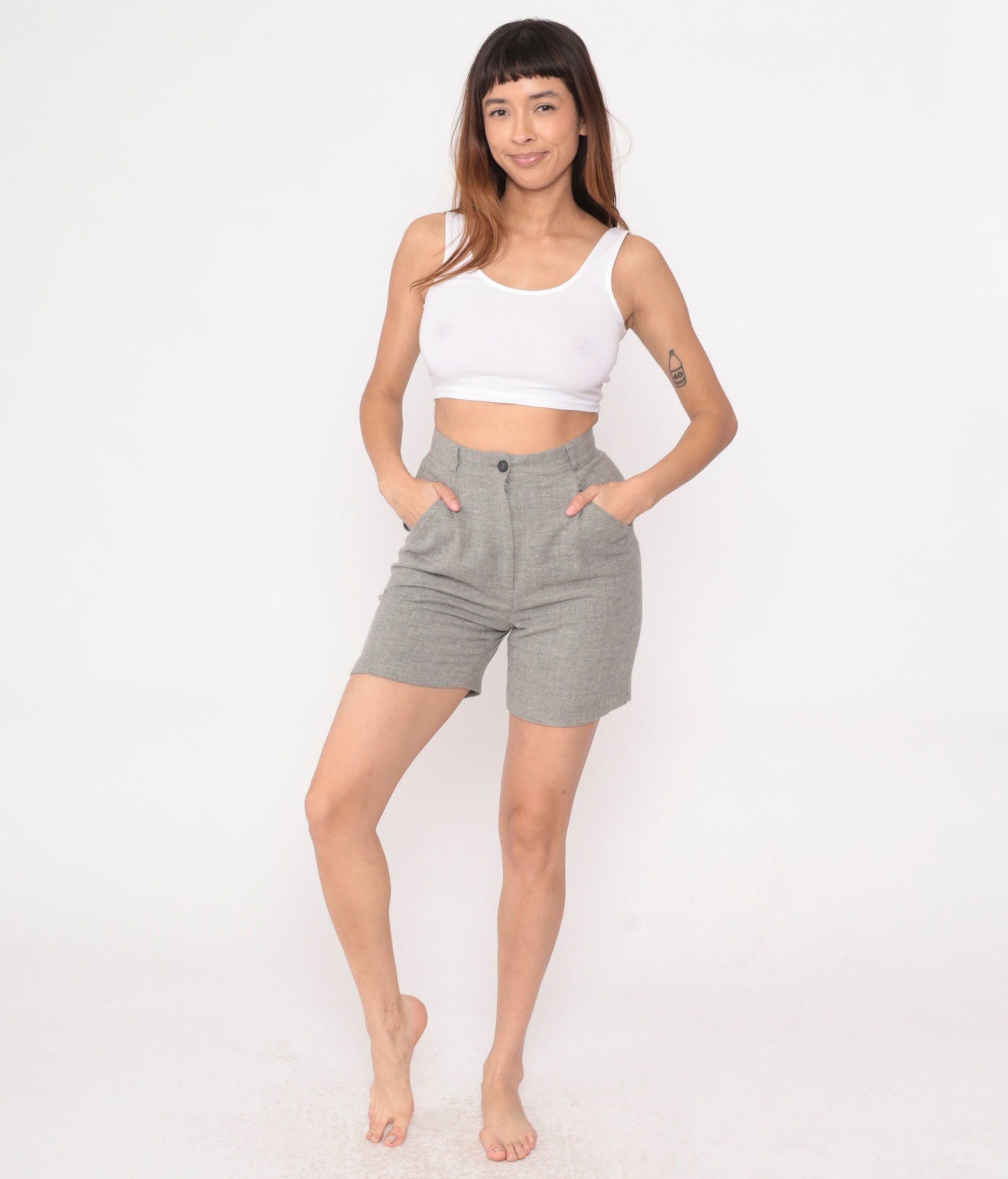 80s Heathered Grey Wool High-Waisted Shorts Welt Pockets Small 4