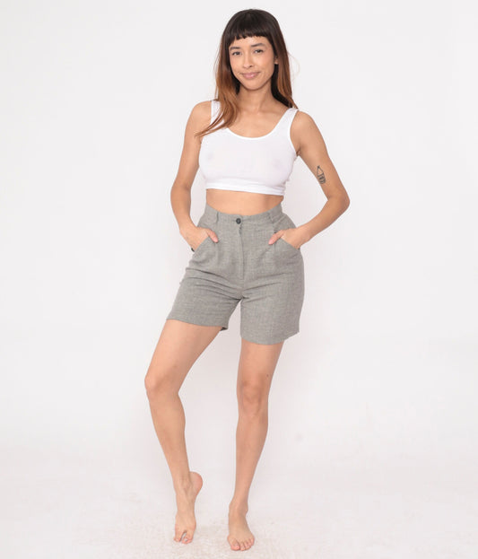 80s Heathered Grey Wool High-Waisted Shorts Welt Pockets Small 4