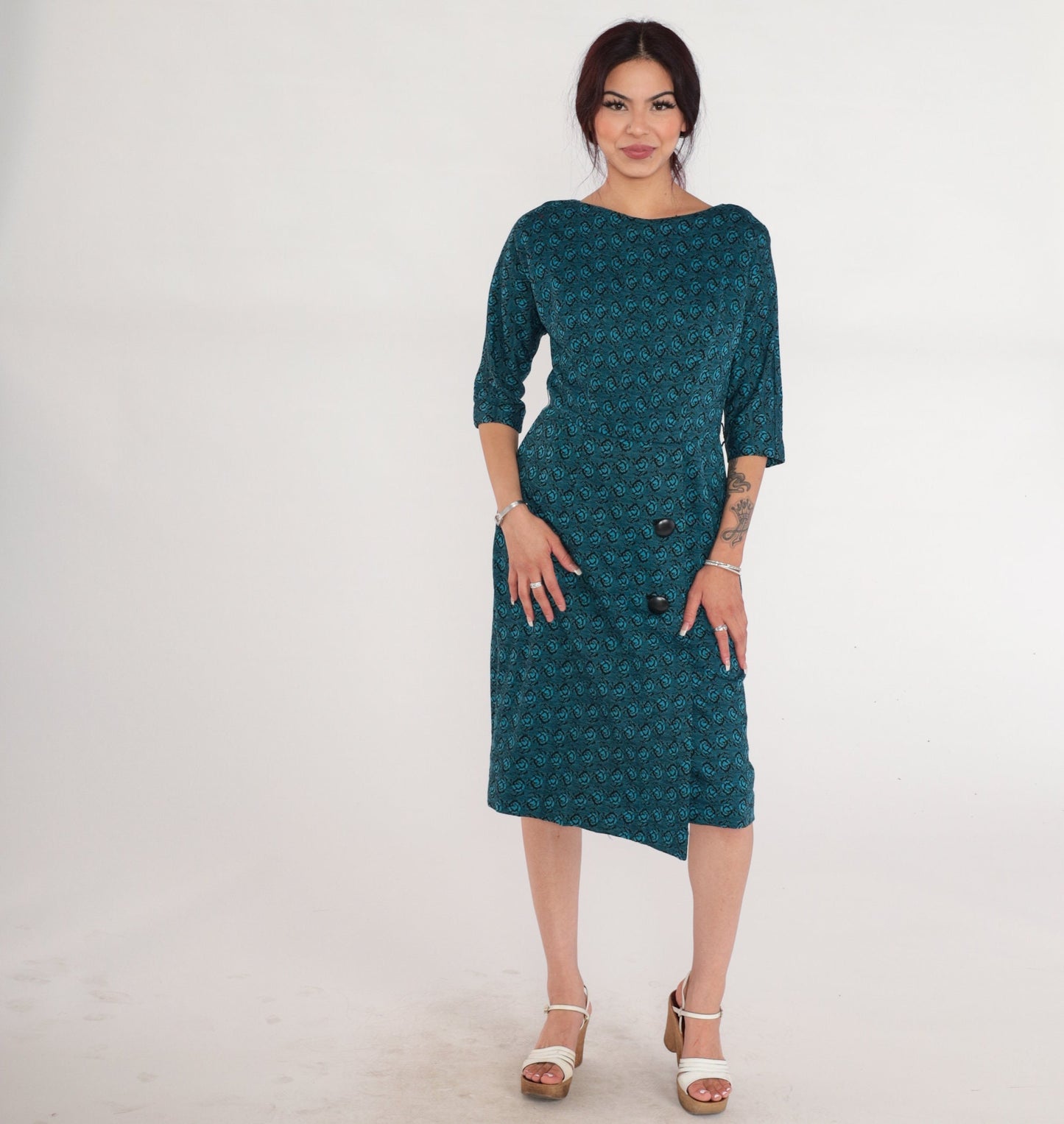 60s Blue Floral Rose Print Wool Blend Midi Dress High Waisted Small
