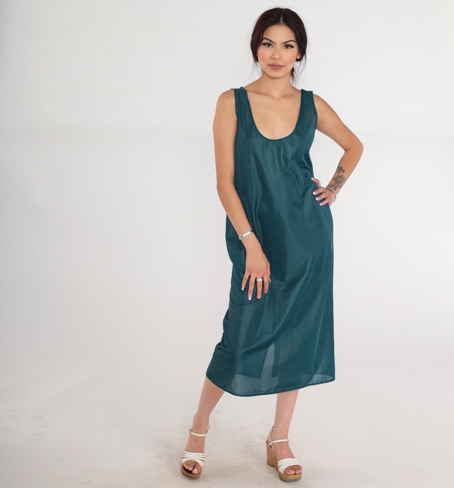 90s Green Semi Sheer Slip Dress Midi Tank Sleeveless Shift Medium