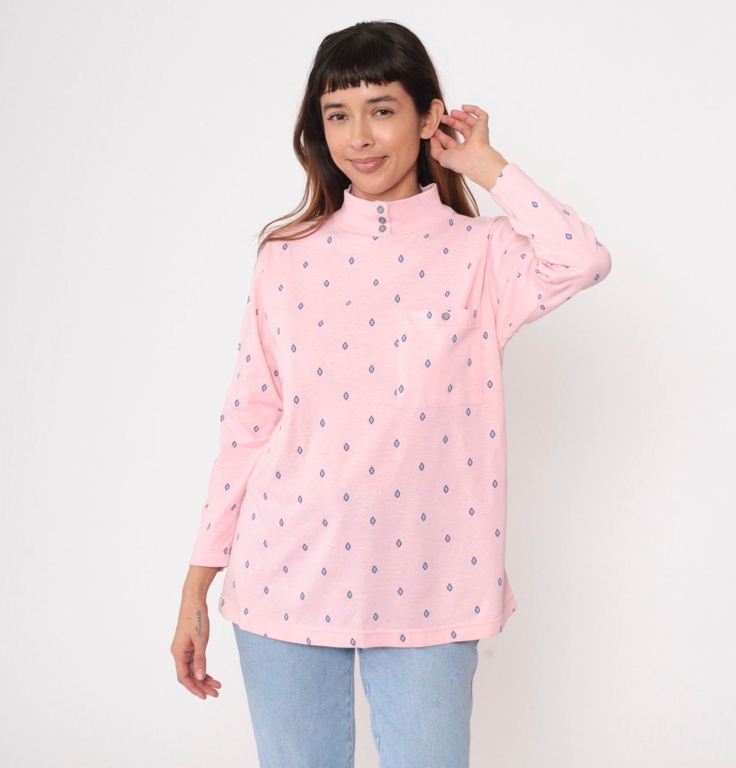 90s Baby Pink Geometric Mock Neck Long Sleeve Shirt Small