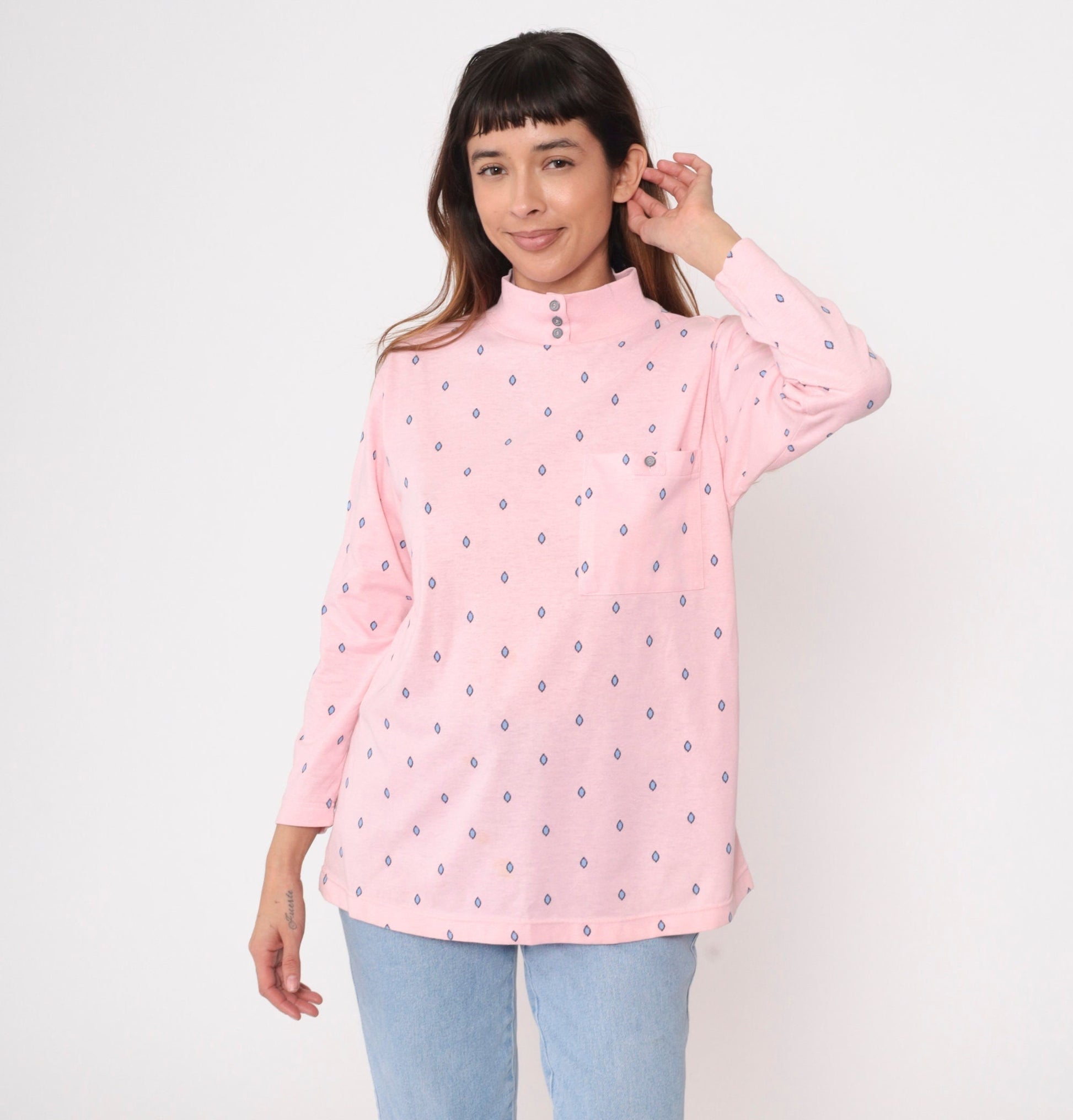 90s Baby Pink Geometric Mock Neck Long Sleeve Shirt Small