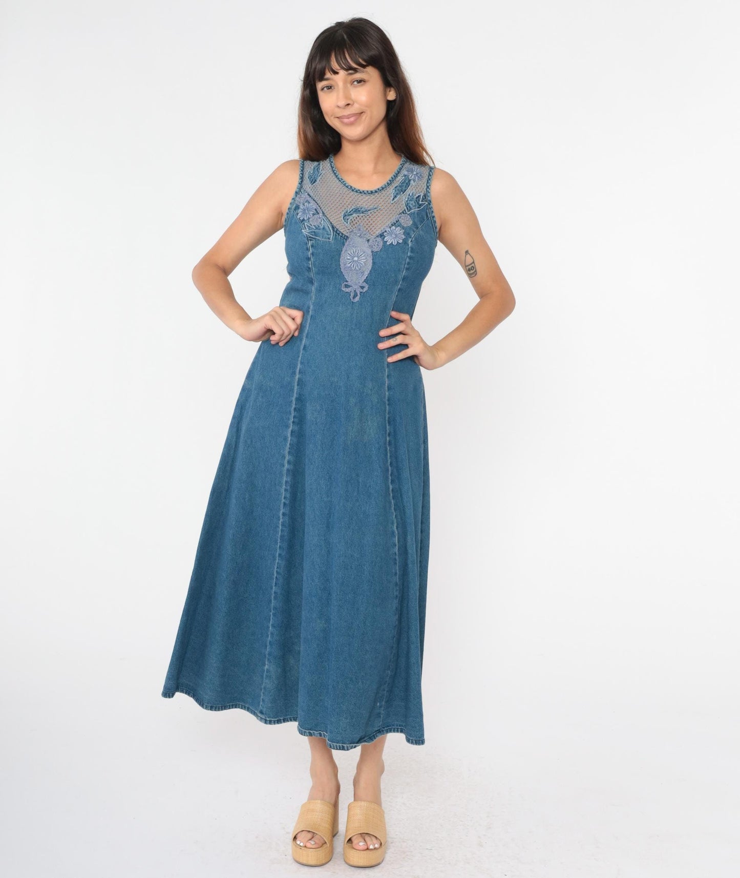 90s Styleworks Denim Dress Floral Appliqué Mesh Neckline Maxi Small